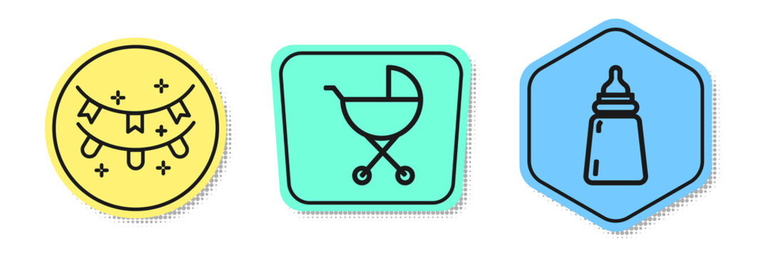 Set line Carnival garland with flags, Baby stroller and Baby bottle. Colored shapes. Vector