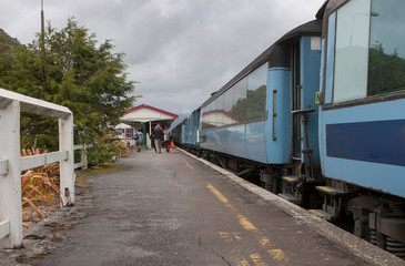 Fototapeta na wymiar Greymouth Westcoast New Zealand. Scenic railway track. Trainstation. Train.