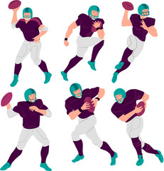 American football player set. Sportsmens group team in uniform. Vector cartoon flat illustration. Avatar, the people isolated on white.