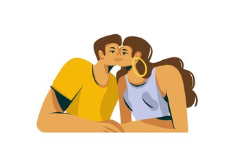 Hand drawn vector stock abstract graphic Valentines day flat illustration with young romantic beautiful couple together kissing isolated on white background