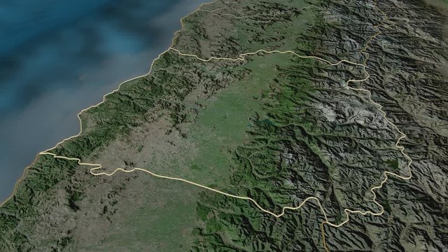 Maule, region with its capital, zoomed and extruded on the satellite map of Chile in the conformal Stereographic projection. Animation 3D
