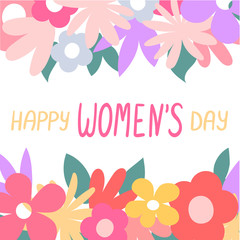 March 8. A beautiful postcard for International Women's Day featuring beautiful spring flowers and a cute handwritten font. Flat isolated vector illustration on white background.