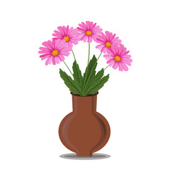 Vector illustration of the bouquet with pink gerbera flowers in a clay pot on white background.