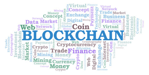 Blockchain cryptocurrency coin word cloud.
