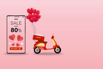 Fototapeta na wymiar Business concept of delivery by scooter and application on mobile, balloon in a shape of heart floating over scooter and phone which the display show discount rate to deliver in Valentine's season.
