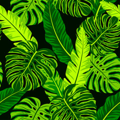 Tropical seamless pattern. Monstera and tropical plants on a dark background. Abstract seamless pattern with leaves. Exotic wallpaper, Hawaiian style. Jungle leaves.