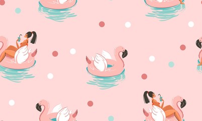 Hand drawn vector stock abstract cute summer time cartoon illustrations seamless pattern with unicornand flamingo rubbers rings and dolphins isolated on pink background