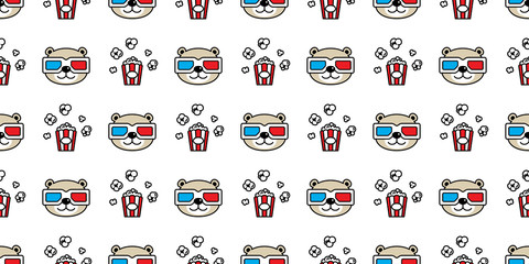 Bear seamless pattern polar bear popcorn vector movie 3d glasses cinema teddy cartoon scarf isolated tile background repeat wallpaper illustration doodle design © CNuisin