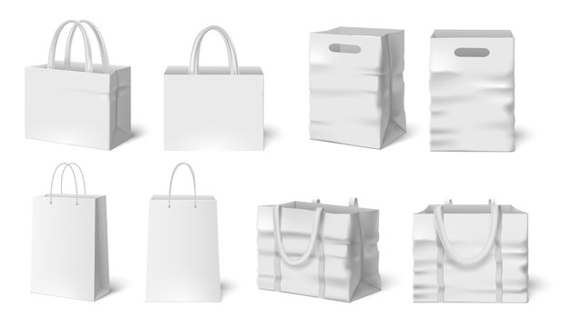 White shopping bag mockup. Paper bags, fabric bag 3d realistic packaging template vector set. Collection of modern clean packages with handles for corporate identity. Blank packs for store branding.