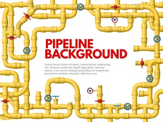 Industrial yellow pipeline. Pipeline frame, yellow pipes for gas or oil vector background illustration. Banner or poster design template with border made of connected conduits, valves, manometers.