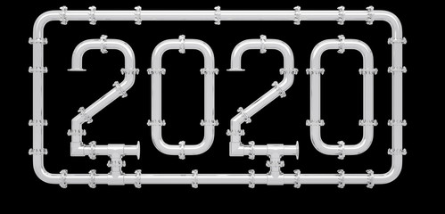 New Year 2020 made of chrome pipes surrounded by a frame isolated on a black background. 3D render.