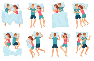 Fototapeta na wymiar Couple sleeps in different poses. Man and woman sleeping together, couple in bed and healthy night sleep vector set. Cute boy and girl slumbering. Male and female cartoon characters falling asleep.