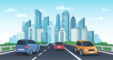 Garden poster Cartoon cars Cars on highway to town. City road perspective view, urban landscape with cars and car travel vector cartoon illustration. Automobiles riding towards megalopolis with skyscrapers and modern buildings.