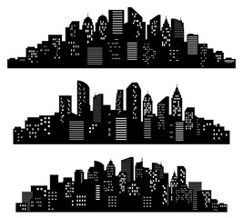 Cityscape silhouette. City buildings, night town and horizontal urban panorama silhouettes vector set. Black shadows of district or downtown with buildings, skyscrapers. Monochrome panoramic views.