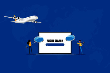 Business concept of online booking, businessman and woman hold a big magnifier to focus on the screen of laptop to search for a flight in blue background.