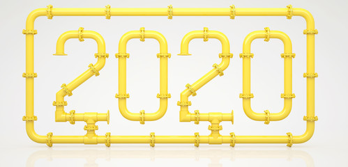 New Year 2020 made of gas pipes surrounded by a frame on a white background. 3D render.