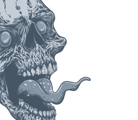Background banner. Vector illustration of screaming skull with yellow tongue. Good for posters, banners, templates.