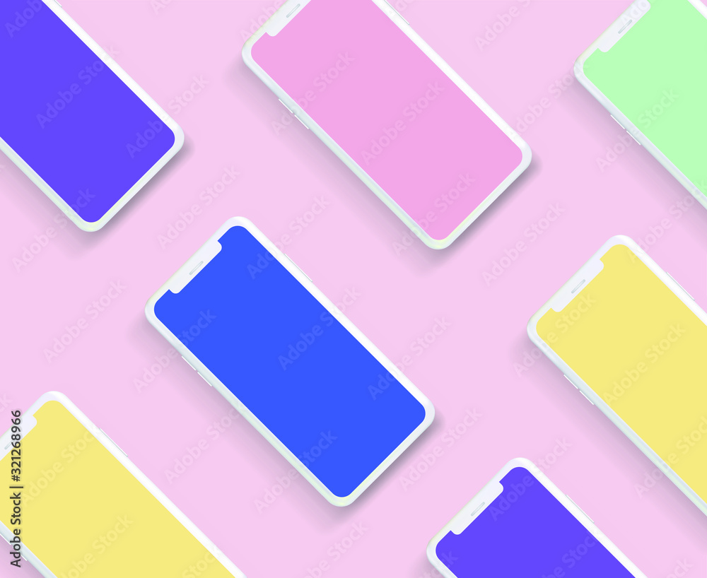 Poster Minimalist flat lay scene with mobile phone in pastel color tones. Realistic 3D vector illustration, mockup template for web app presentation. 