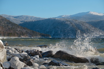 Russia. South Of Western Siberia, Altai Mountains. Splashes of autumn storm on the shore of the unsettled Teletskoye lake.