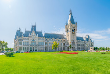 The Palace of Culture in Iasi, Romania. Front view from the Palace Square of The Palace of Culture, the symbol of the city of Iasi on a sunny summer day. Palace of Iasi