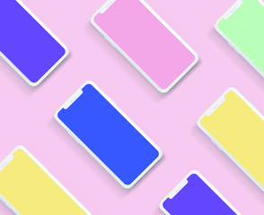 Minimalist flat lay scene with mobile phone in pastel color tones. Realistic 3D vector illustration, mockup template for web app presentation. 