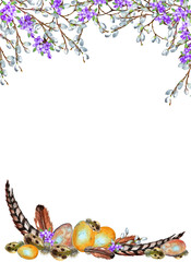 Beautiful spring vertical frame. Realistic wild birds eggs and feathers in composition with willow and lilac branches. Easter symbol. Watercolor hand painted isolated elements on white background.
