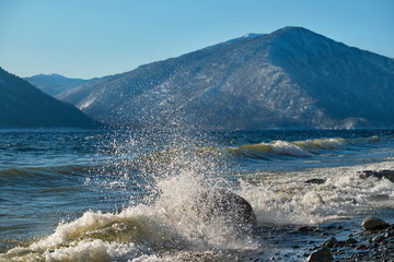 Russia. South Of Western Siberia, Altai Mountains. Splashes of autumn storm on the shore of the unsettled Teletskoye lake.