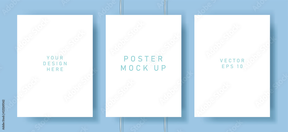 Poster White blank poster with drop shadows hanging on wall. Empty paper sheet on binders, A4 page mockup. Vector illustration