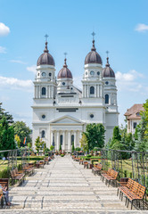 The Metropolitan Cathedral in Iasi, Romania. It is the largest historic Orthodox church in Romania. A landmark church in Iasi on a sunny summer day with blue sky. Iasi Cathedral