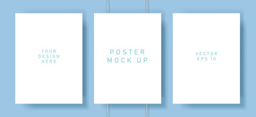 White blank poster with drop shadows hanging on wall. Empty paper sheet on binders, A4 page mockup. Vector illustration