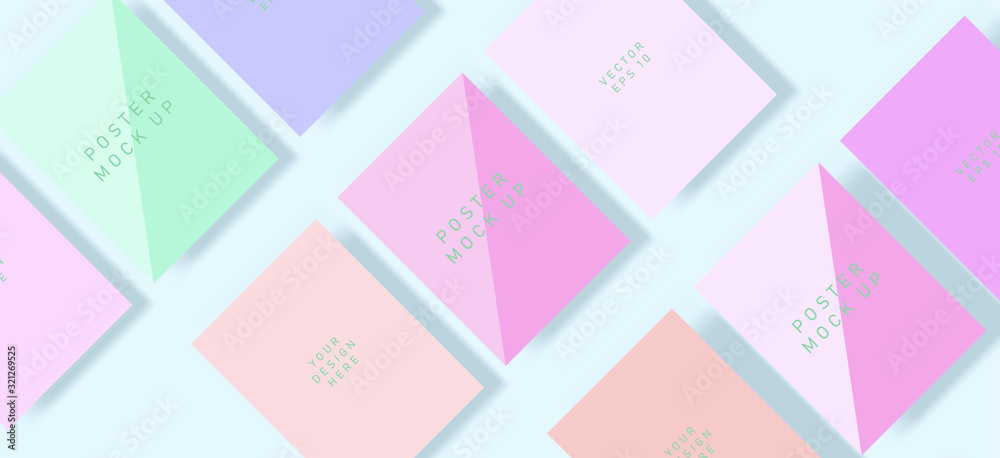 Poster Flat lay of blank posters in pastel color tones with drop shadows. Realistic mock up template for print production: covers, flyers, banners.