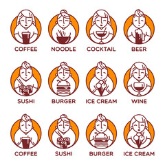 Food courts icons set. Vector illustration of outline logo design templates for emblems, badges, web design. Isolated on white background.