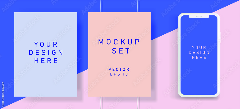 Poster flat lay of blank posters in pastel color tones with drop shadows. realistic mock up template for pr