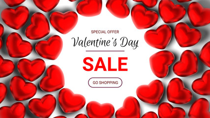 Valentines Day sale banner. Valentines day sale background with red hearts  on white. 3D-rendering.