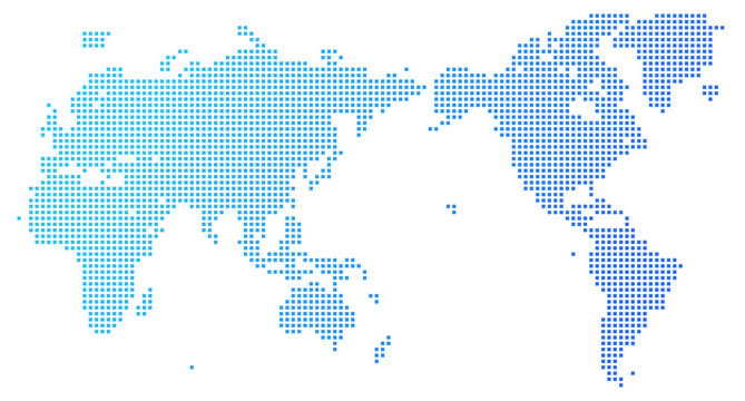 四角いドットで構成された世界地図-青色