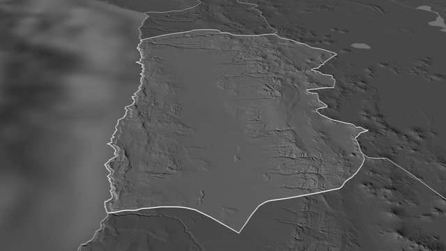 Tarapac&aacute;, region with its capital, zoomed and extruded on the bilevel map of Chile in the conformal Stereographic projection. Animation 3D