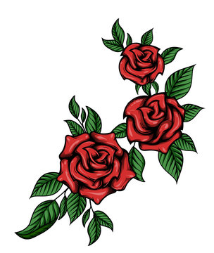 Floral arrangement of red roses and leaves. Vector illustration design for greeting card, wedding, birthday, Valentine's Day, mother's day invitations. Isolated on white.