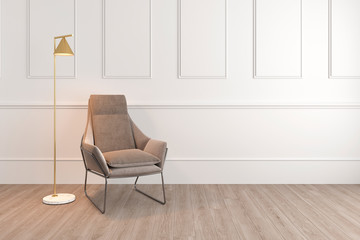 3D rendering interior white wall and brown armchair