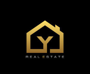 Golden Y House Logo Design, Real Estate Icon. - obrazy, fototapety, plakaty