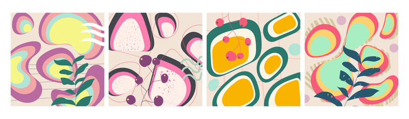 Set of abstract backgrounds. Hand drawn various shapes and doodle objects. Trendy vector illustrations.