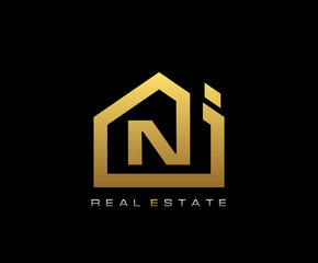 Golden N House Logo Design, Real Estate Icon.