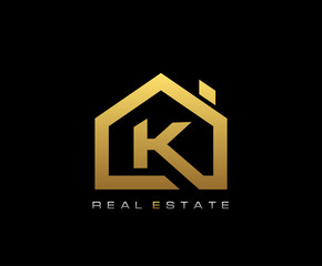 Golden K House Logo Design, Real Estate Icon.