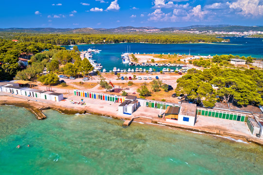 Jadrija beach and colorful cabins aerial view