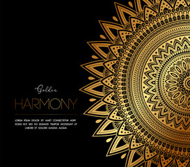 "Golden harmony" - luxury Mandala ornamental template. Golden ornament with doodle tribal mandala on black background. Vector illustration for congratulation or invitation.