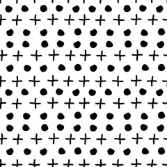 The seamless black and white pattern with geometric shapes in scandinavian style. Crosses and dots. Hand drawn background for your design. Textile, blog decoration, banner, poster.