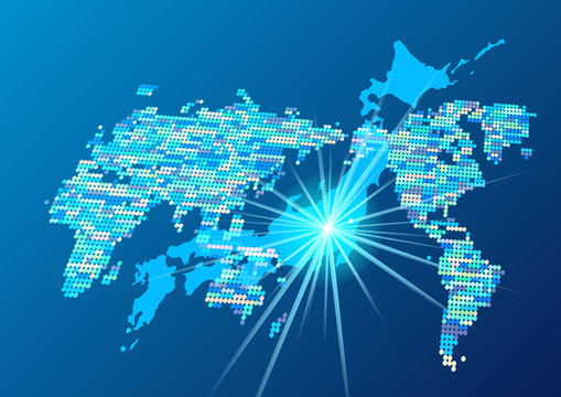 サイバーデジタルネットワーク世界地図背景と日本地図
