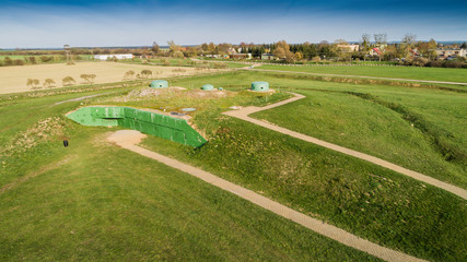 MRU World War II fortification bunker, Pniewo, near Miedzyrzecz, Poland. Entrance to the underground corridor system. German militarized zone from World War II. Aerial view.