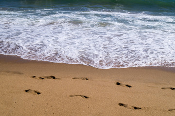 footprints on a sandy beach near the sea