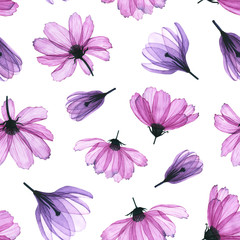 Seamless pattern with watercolor transparent flowers. Hand drawn illustration isolated on white. X-ray floral template is perfect for greeting card, wallpaper, fabric textile, interior design
