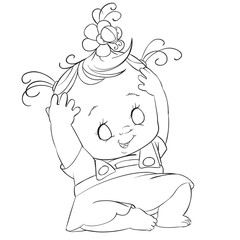 little girl is sitting in a birch dress among white daisies and on her head is a small insect which she is trying to get with her small pens, drawing in outline, isolated object on a white background,